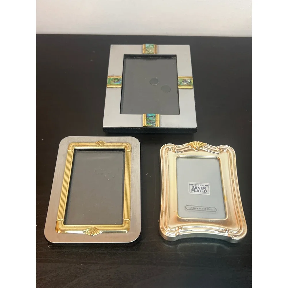 Vintage Picture Frame Set Silver Gold Tone Abalone Shell Art Deco Miniature 3pc